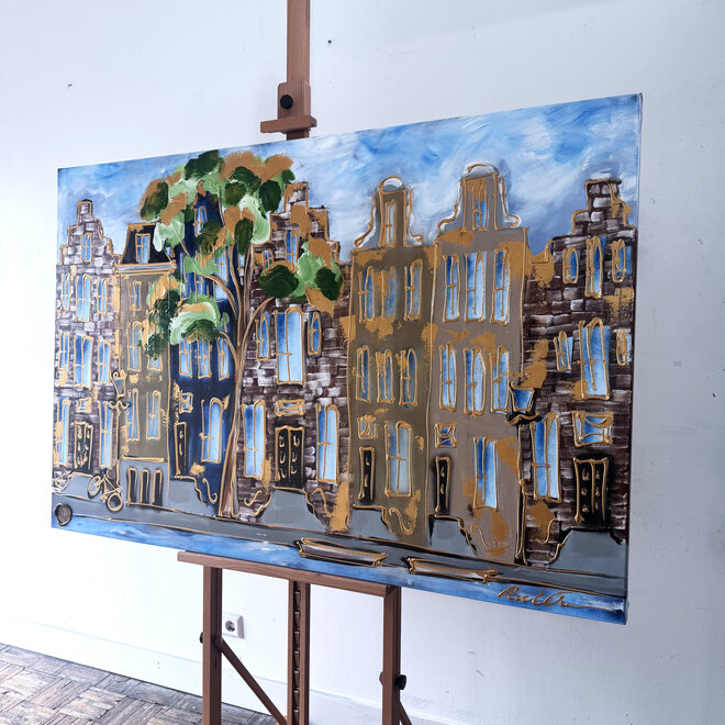 Painting - Rick Triest - 100x150 cm - Amsterdam Signature Gold Series - Prinsengracht - Blue & Gold # 1246
