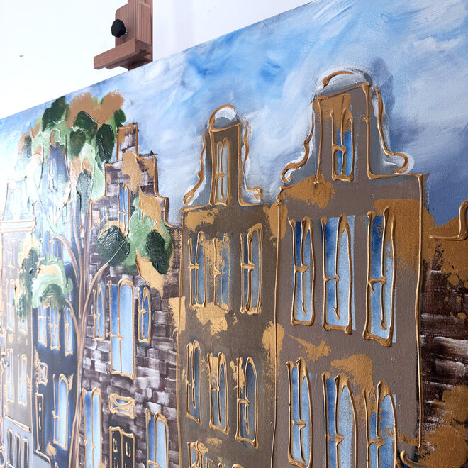 Painting - Rick Triest - 100x150 cm - Amsterdam Signature Gold Series - Prinsengracht - Blue & Gold # 1246