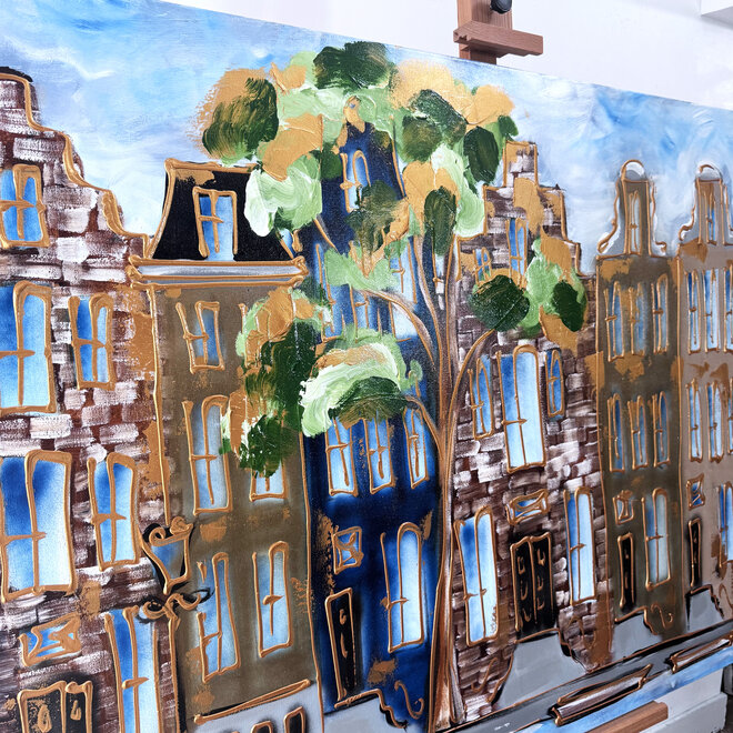 Schilderij- Rick Triest - 100x150 cm  - Amsterdam Signature Gold Series - Prinsengracht - Blue & Gold # 1246