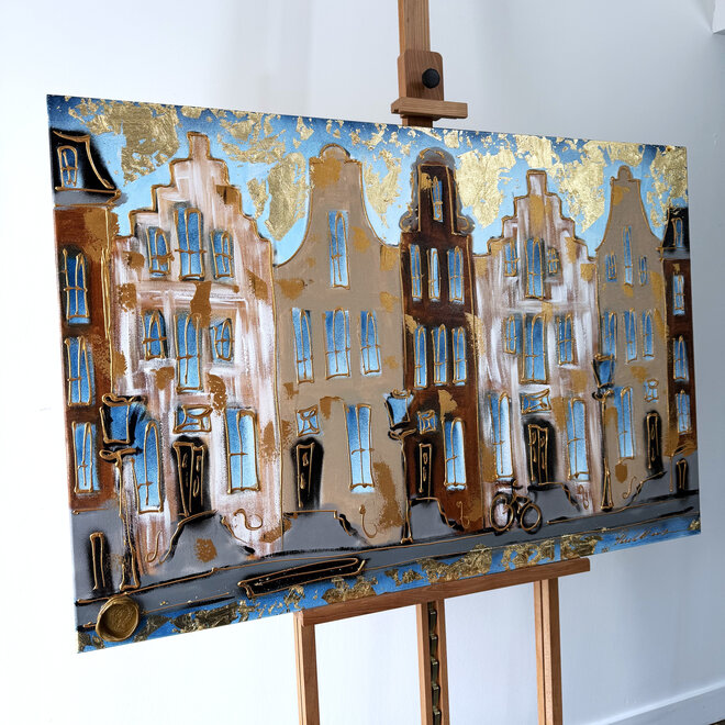 Schilderij- 80x120x4,5 cm - Rick Triest - Amsterdam Herengracht - Blue & Gold #155