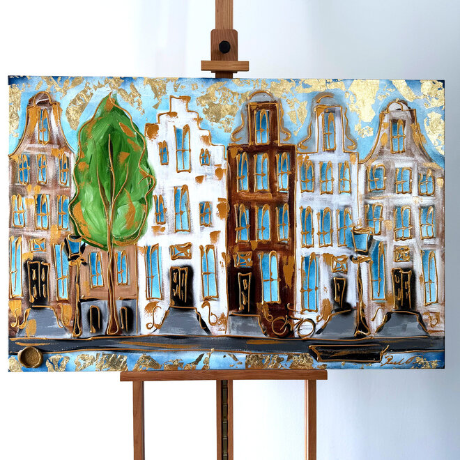 Painting- 80x120x4,5 cm - Amsterdam Herengracht - Blue & Gold #156