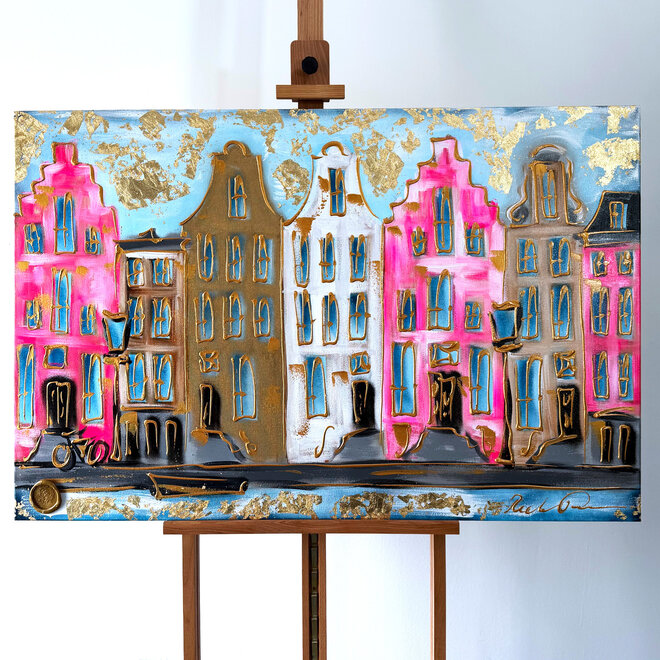 Schilderij- 80x120x4,5 cm - Rick Triest - Amsterdam Herengracht - Blue & Gold #157