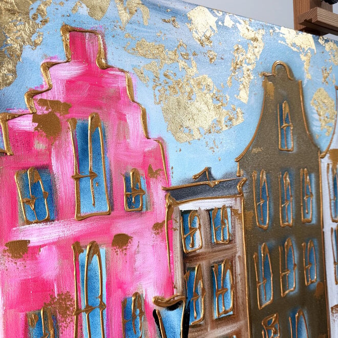 Schilderij- 80x120x4,5 cm - Rick Triest - Amsterdam Herengracht - Blue & Gold #157