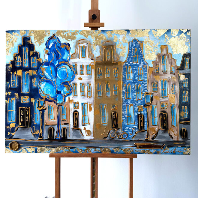 Schilderij- 80x120x4,5 cm - Amsterdam Herengracht - Blue & Gold #158