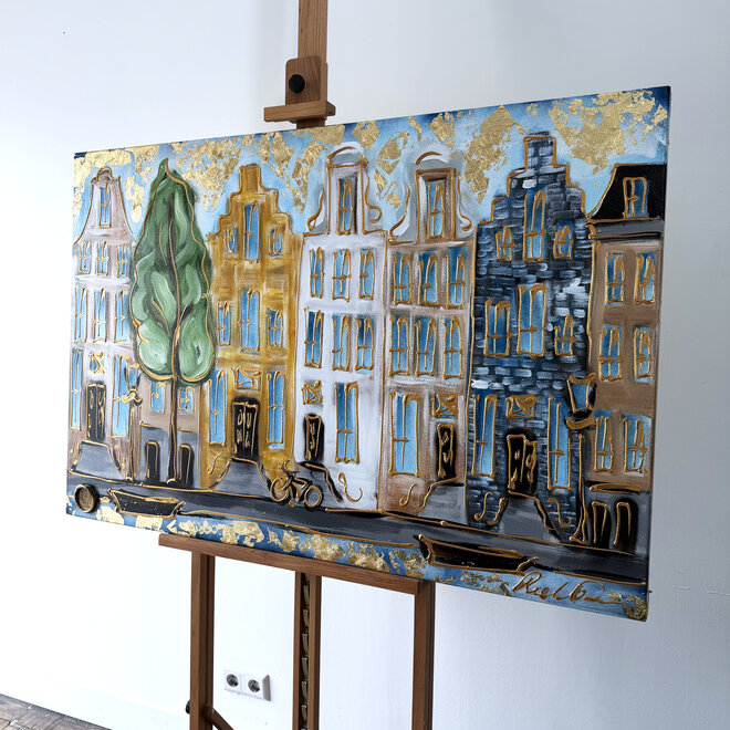 Schilderij- 80x120x4,5 cm - Rick Triest - Amsterdam Herengracht - Blue & Gold #159