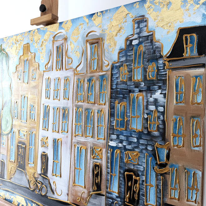 Schilderij- 80x120x4,5 cm - Rick Triest - Amsterdam Herengracht - Blue & Gold #159