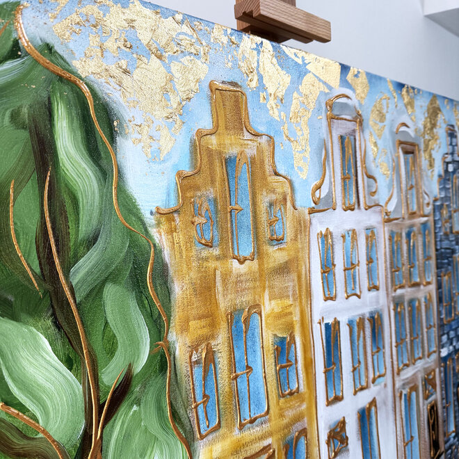 Schilderij- 80x120x4,5 cm - Rick Triest - Amsterdam Herengracht - Blue & Gold #159