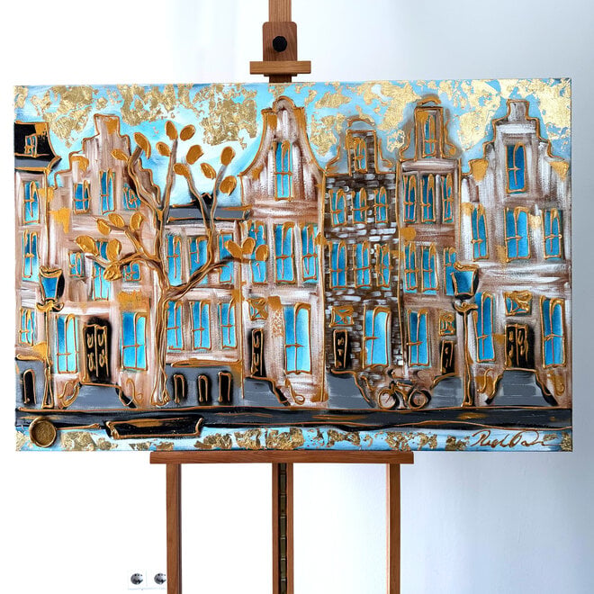 Schilderij- 80x120x4,5 cm - Amsterdam Herengracht - Blue & Gold #160