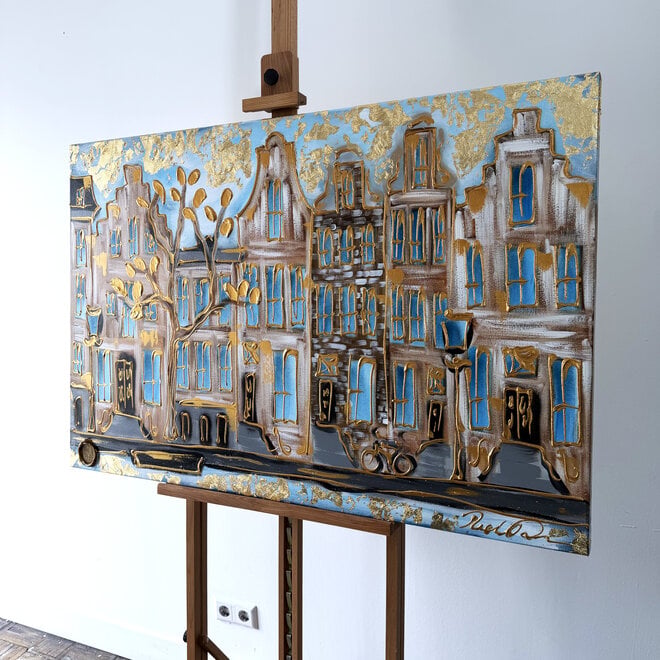 Schilderij- 80x120x4,5 cm - Rick Triest - Amsterdam Herengracht - Blue & Gold #160