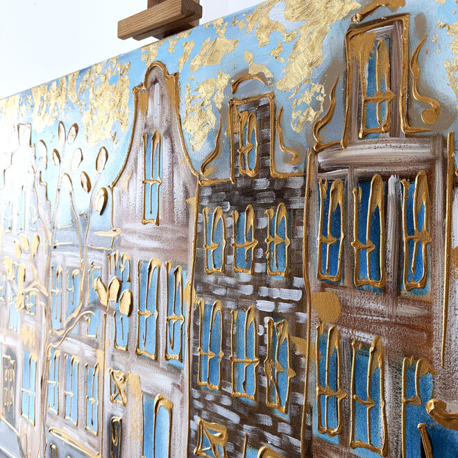 Schilderij- 80x120x4,5 cm - Rick Triest - Amsterdam Herengracht - Blue & Gold #160