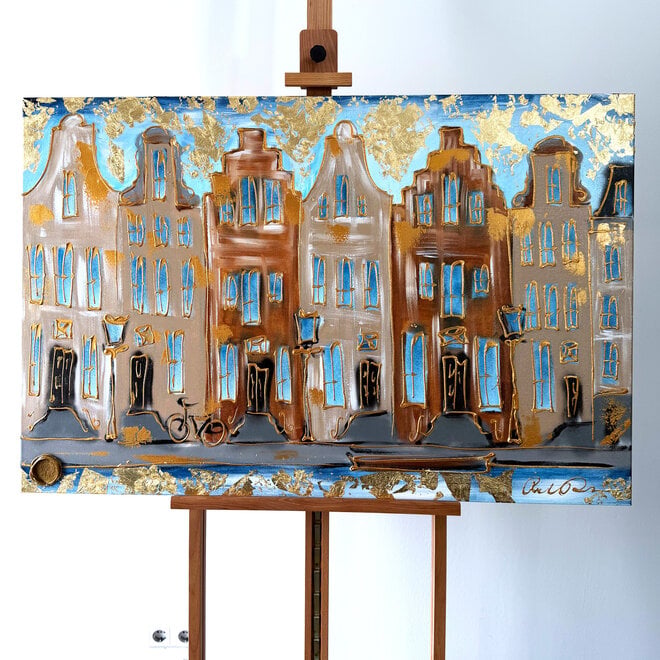 Schilderij- 80x120x4,5 cm - Rick Triest - Amsterdam Herengracht - Blue & Gold #161