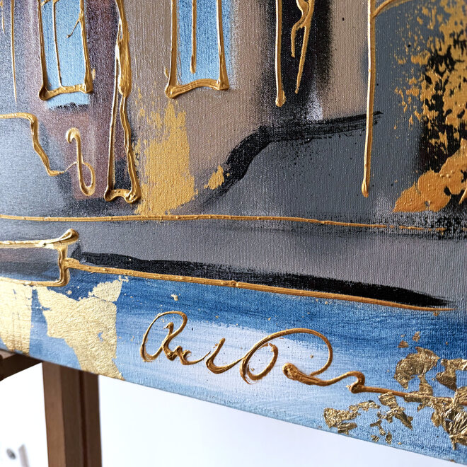 Schilderij- 80x120x4,5 cm - Rick Triest - Amsterdam Herengracht - Blue & Gold #161