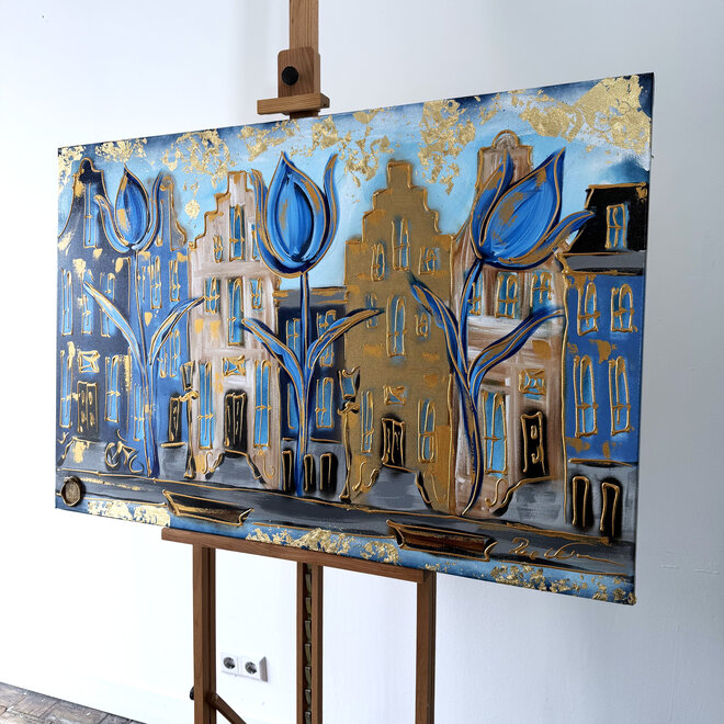 Painting- 80x120x4,5 cm - Rick Triest - Amsterdam Herengracht - Blue & Gold #163