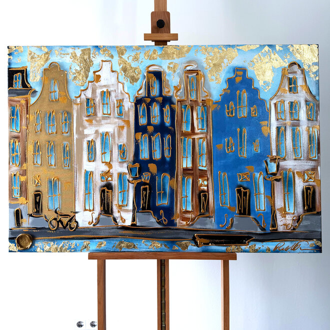 Schilderij- 80x120x4,5 cm - Rick Triest - Amsterdam Herengracht - Blue & Gold #164