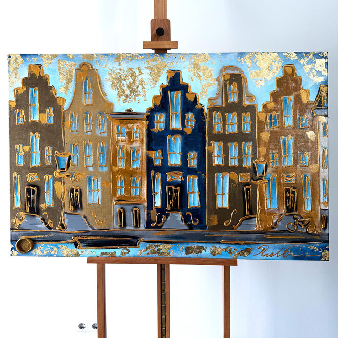 Schilderij- 80x120x4,5 cm - Rick Triest - Amsterdam Herengracht - Blue & Gold #165