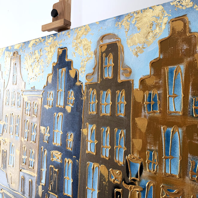 Schilderij- 80x120x4,5 cm - Rick Triest - Amsterdam Herengracht - Blue & Gold #165