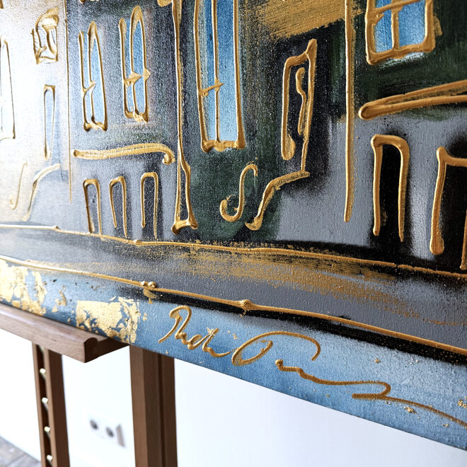 Schilderij- 80x120x4,5 cm - Rick Triest - Amsterdam Herengracht - Blue & Gold #154