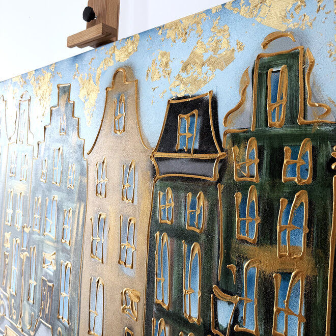 Schilderij- 80x120x4,5 cm - Rick Triest - Amsterdam Herengracht - Blue & Gold #154