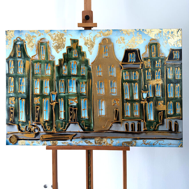 Schilderij- 80x120x4,5 cm - Rick Triest - Amsterdam Herengracht - Blue & Gold #154