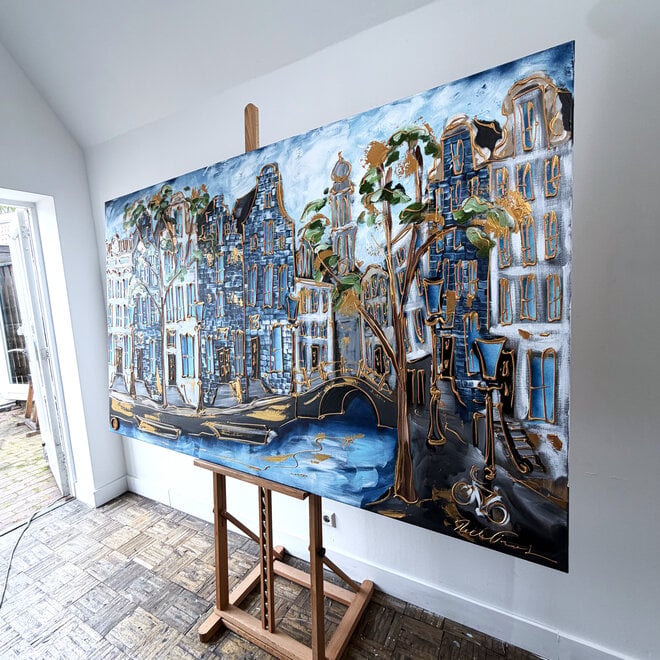 Schilderij- Rick Triest - 120x200 cm - Amsterdam Signature Gold Series - Prinsengracht - Blue & Gold - Westertoren