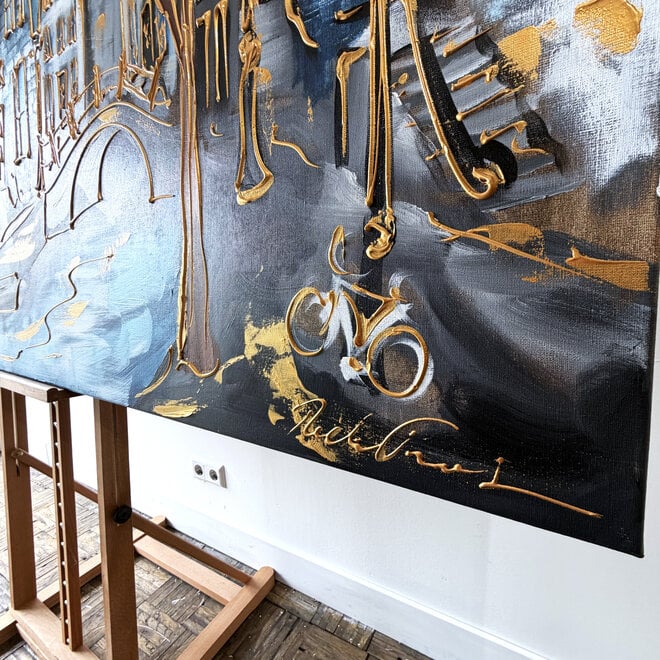 Schilderij- Rick Triest - 120x200 cm - Amsterdam Signature Gold Series - Prinsengracht - Blue & Gold - Westertoren