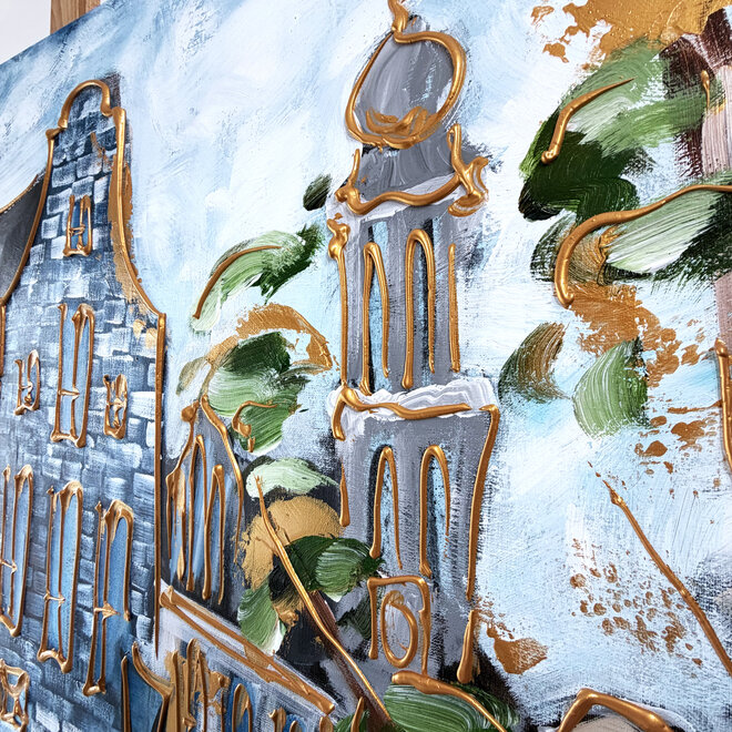 Painting - Rick Triest - 120x200 cm - Amsterdam Signature Gold Series - Prinsengracht - Blue & Gold - Westertoren