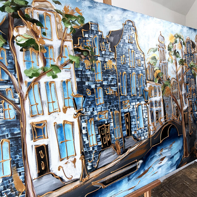Painting - Rick Triest - 120x200 cm - Amsterdam Signature Gold Series - Prinsengracht - Blue & Gold - Westertoren