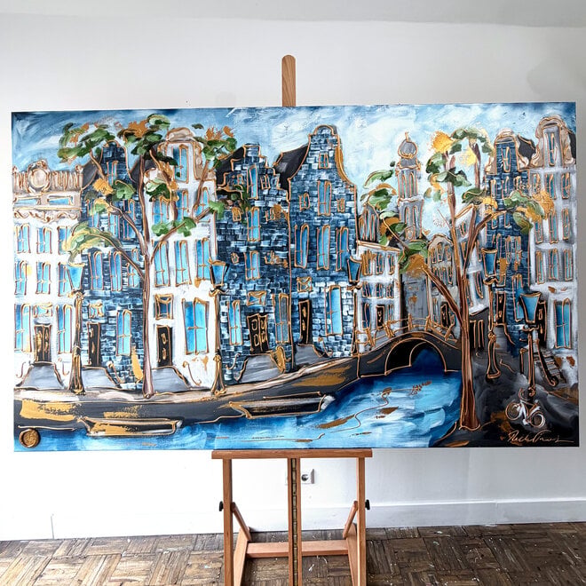 Schilderij- 120x200 cm  - Amsterdam Signature Gold Series - Prinsengracht - Blue & Gold - Westertoren