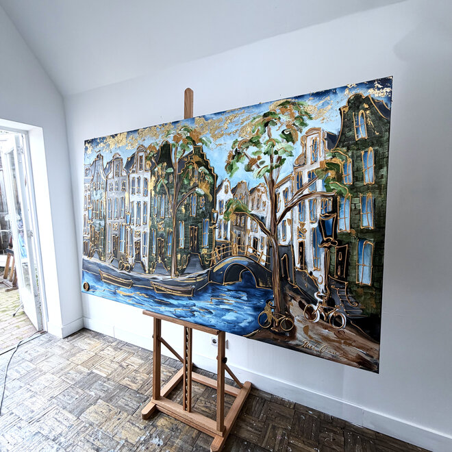 Painting - Rick Triest - 120x200 cm - Amsterdam Signature Gold Series - Prinsengracht - Blue & Gold  - 2