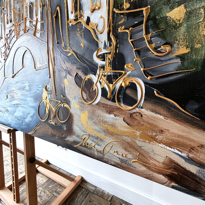 Schilderij- Rick Triest - 120x200 cm - Amsterdam Signature Gold Series - Prinsengracht - Blue & Gold - 2