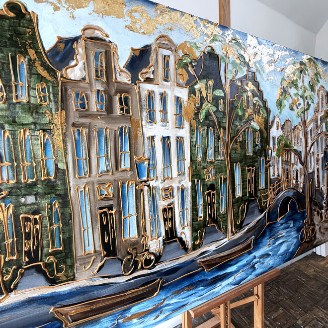 Painting - Rick Triest - 120x200 cm - Amsterdam Signature Gold Series - Prinsengracht - Blue & Gold  - 2