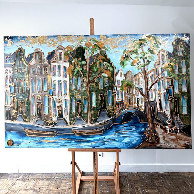 Schilderij- 120x200 cm  - Amsterdam Signature Gold Series - Prinsengracht - Blue & Gold - 2