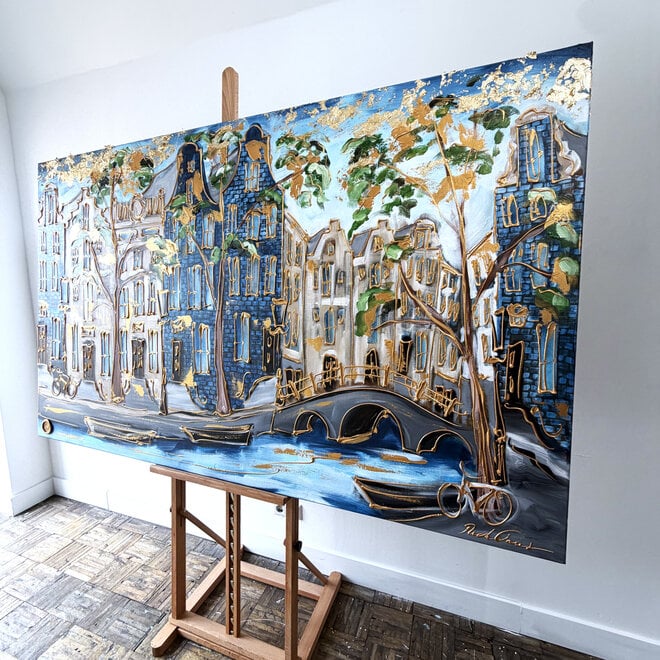 Schilderij- Rick Triest - 120x200 cm - Amsterdam Signature Gold Series - Prinsengracht - Blue & Gold - 3