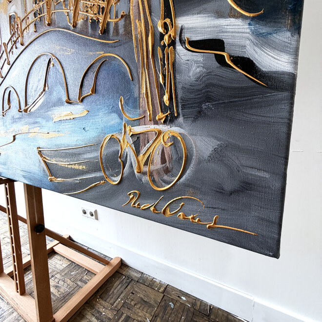 Schilderij- Rick Triest - 120x200 cm - Amsterdam Signature Gold Series - Prinsengracht - Blue & Gold - 3