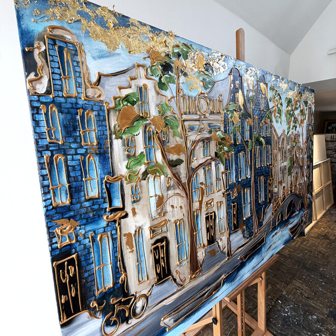 Schilderij- Rick Triest - 120x200 cm - Amsterdam Signature Gold Series - Prinsengracht - Blue & Gold - 3