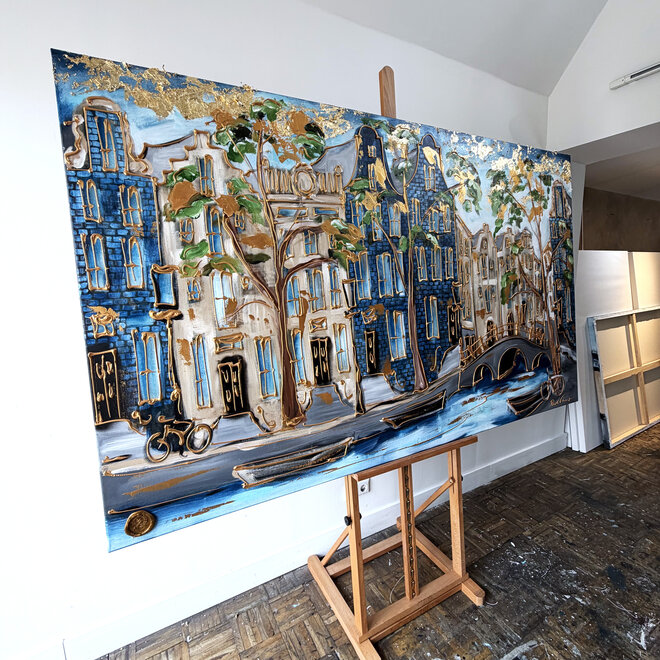 Painting - Rick Triest - 120x200 cm - Amsterdam Signature Gold Series - Prinsengracht - Blue & Gold - 3