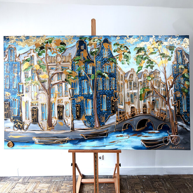Schilderij- Rick Triest - 120x200 cm - Amsterdam Signature Gold Series - Prinsengracht - Blue & Gold - 3