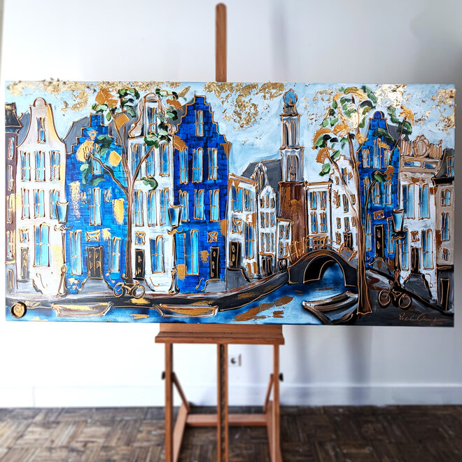 Painting- 100x200cm - Amsterdam Prinsengracht - Blue and Gold - Westertoren