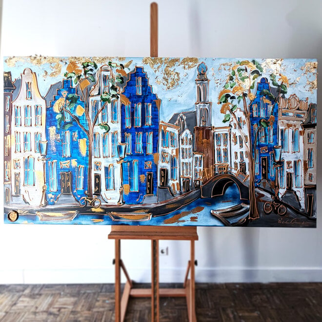Schilderij- 100x200cm - Amsterdam Prinsengracht - Blue and Gold - Westertoren