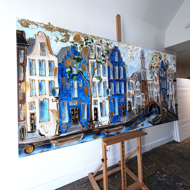 Painting- 100x200cm - Amsterdam Prinsengracht - Blue and Gold - Westertoren