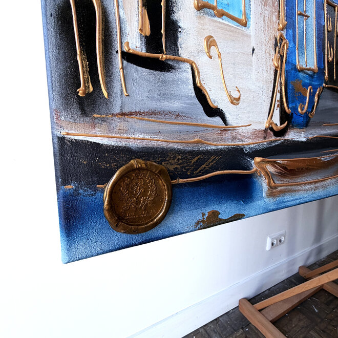 Painting- 100x200cm - Amsterdam Prinsengracht - Blue and Gold - Westertoren