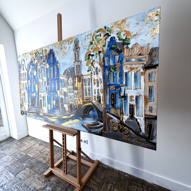 Schilderij- 100x200cm - Amsterdam Prinsengracht - Blue and Gold - Westertoren