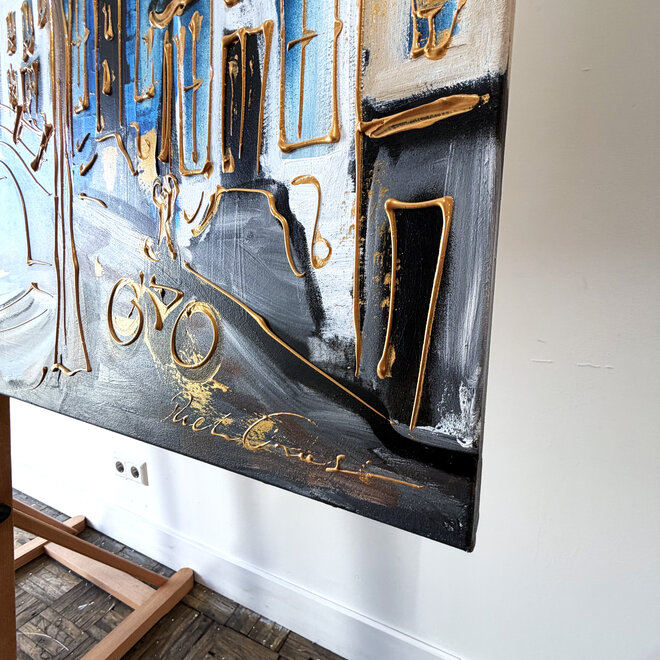 Schilderij- 100x200cm - Amsterdam Prinsengracht - Blue and Gold - Westertoren