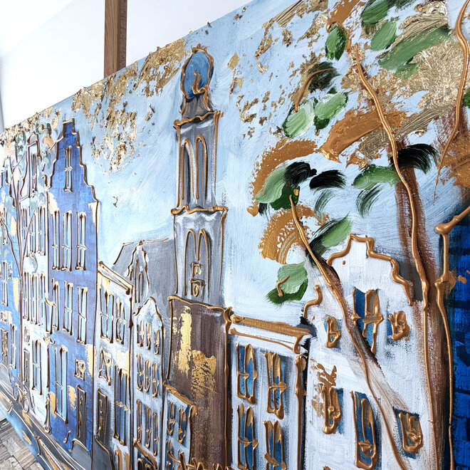 Schilderij- 100x200cm - Amsterdam Prinsengracht - Blue and Gold - Westertoren