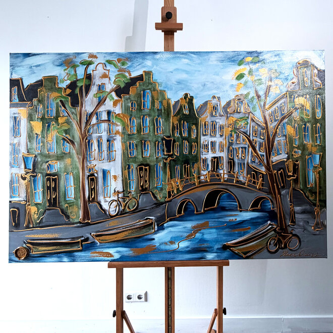 Schilderij- 100x150 cm  - Amsterdam Signature Gold Series - Prinsengracht - Blue & Gold # 1247