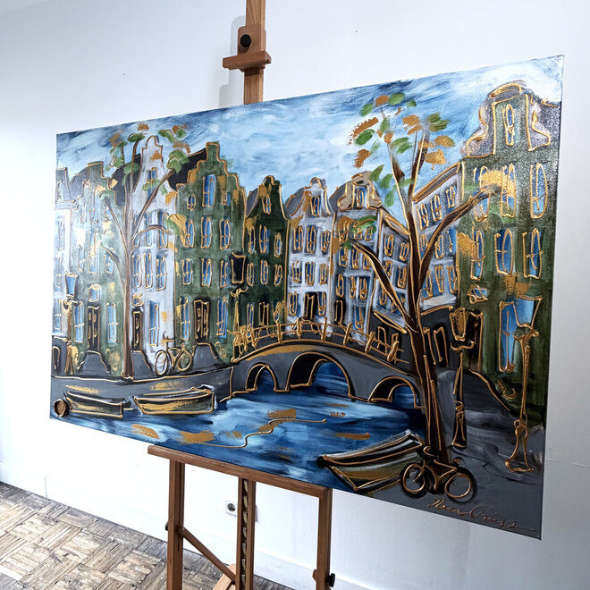 Painting - Rick Triest - 100x150 cm - Amsterdam Signature Gold Series - Prinsengracht - Blue & Gold # 1247