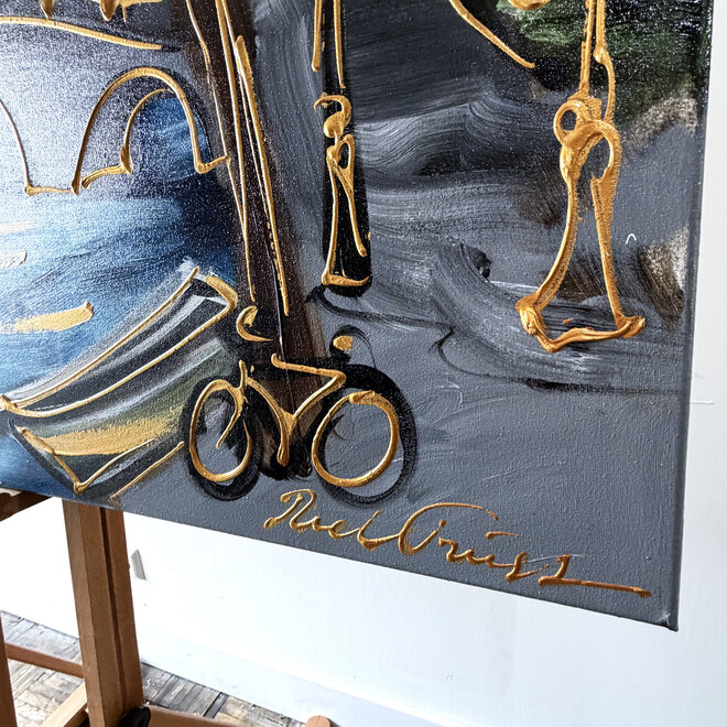 Schilderij- Rick Triest - 100x150 cm - Amsterdam Signature Gold Series - Prinsengracht - Blue & Gold # 1247