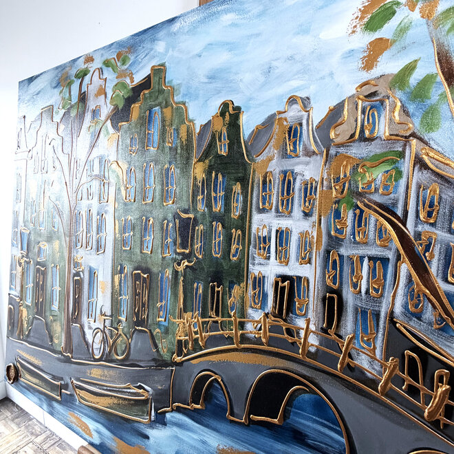 Painting - Rick Triest - 100x150 cm - Amsterdam Signature Gold Series - Prinsengracht - Blue & Gold # 1247