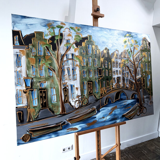 Schilderij- Rick Triest - 100x150 cm - Amsterdam Signature Gold Series - Prinsengracht - Blue & Gold # 1247
