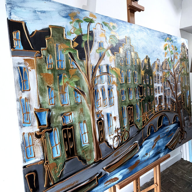 Painting - Rick Triest - 100x150 cm - Amsterdam Signature Gold Series - Prinsengracht - Blue & Gold # 1247